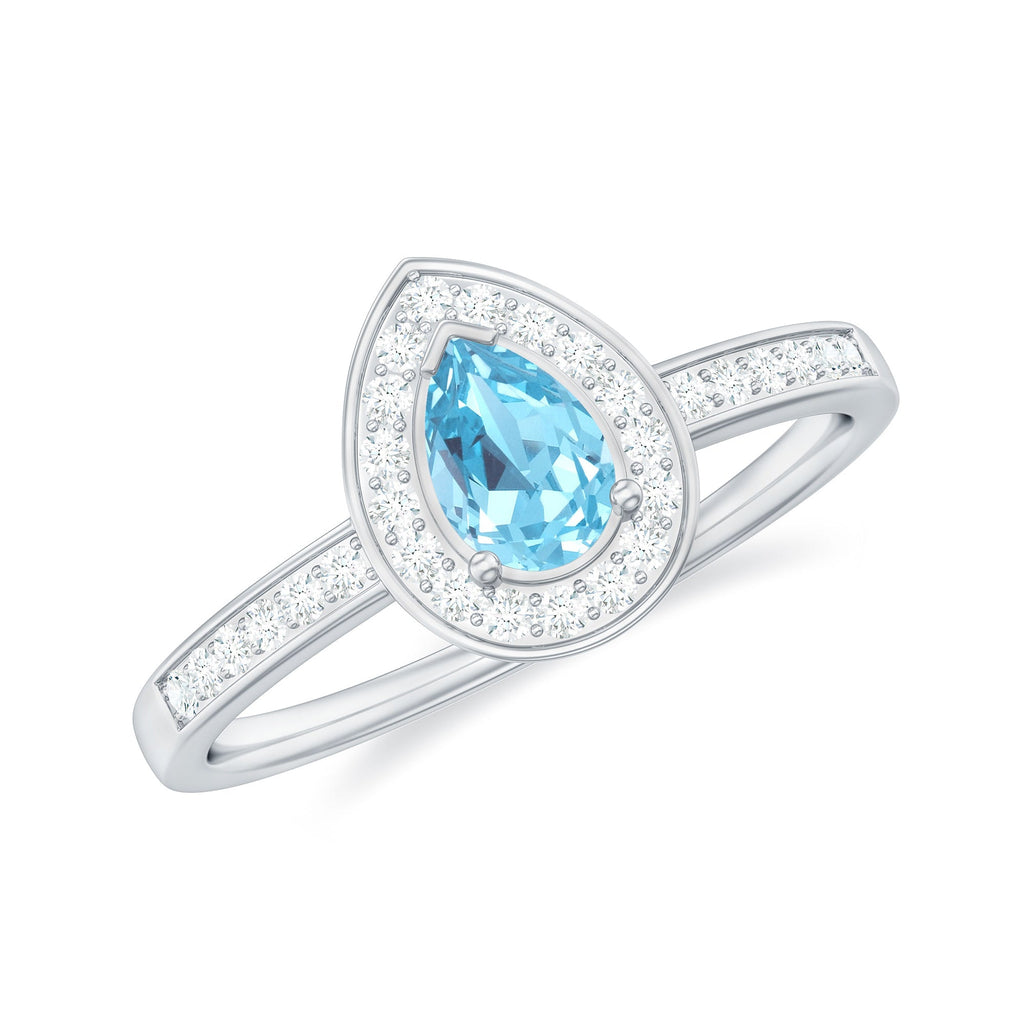 Aquamarine Engagement Ring – Pear Shape Blue Gemstone with Diamond Halo Setting