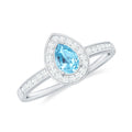 Aquamarine Engagement Ring – Pear Shape Blue Gemstone with Diamond Halo Setting