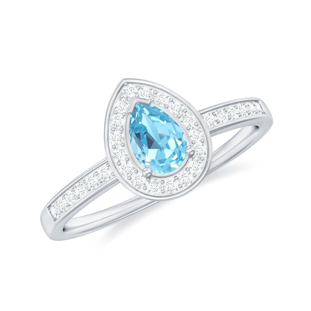 Aquamarine Engagement Ring – Pear Shape Blue Gemstone with Diamond Halo Setting