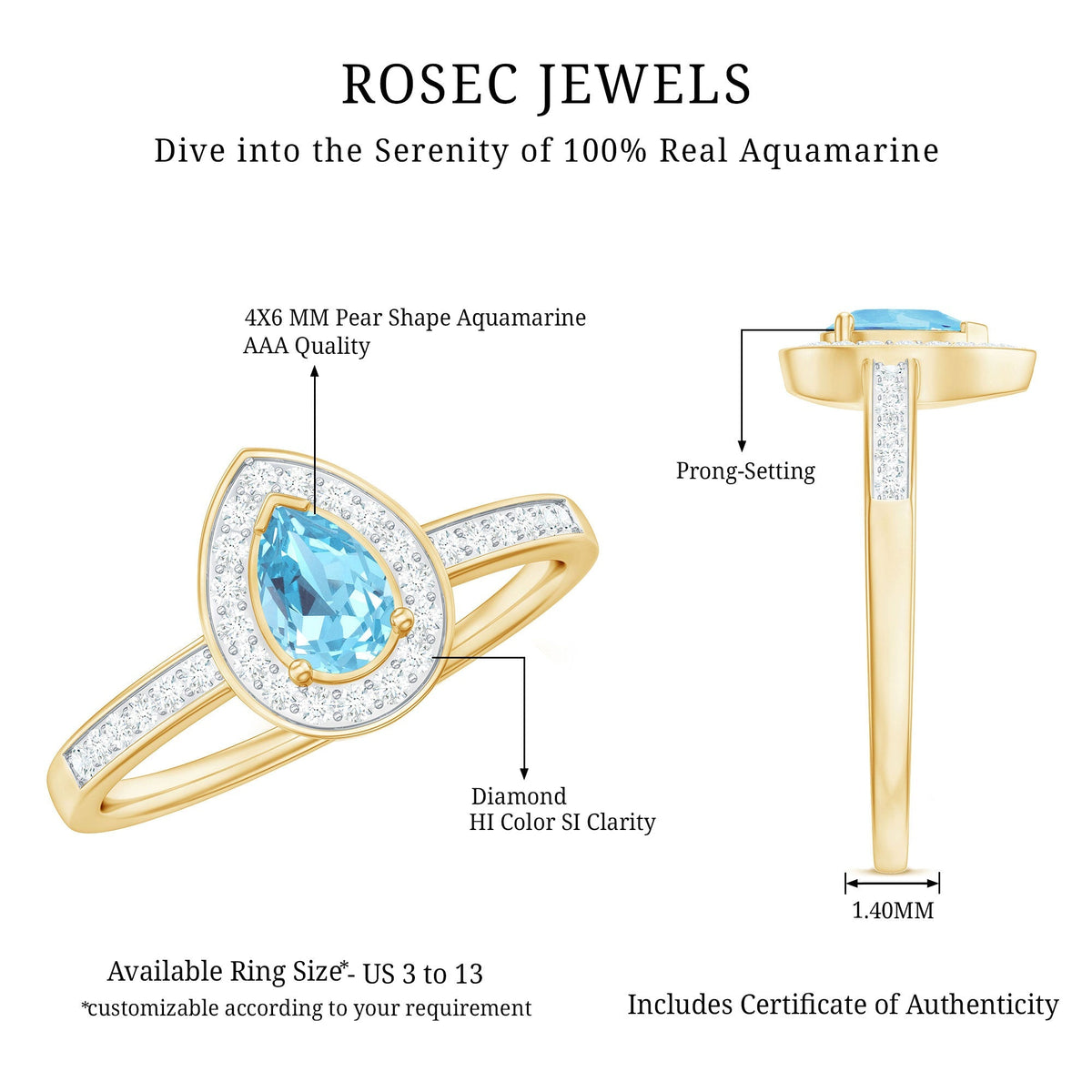 Aquamarine Engagement Ring – Pear Shape Blue Gemstone with Diamond Halo Setting