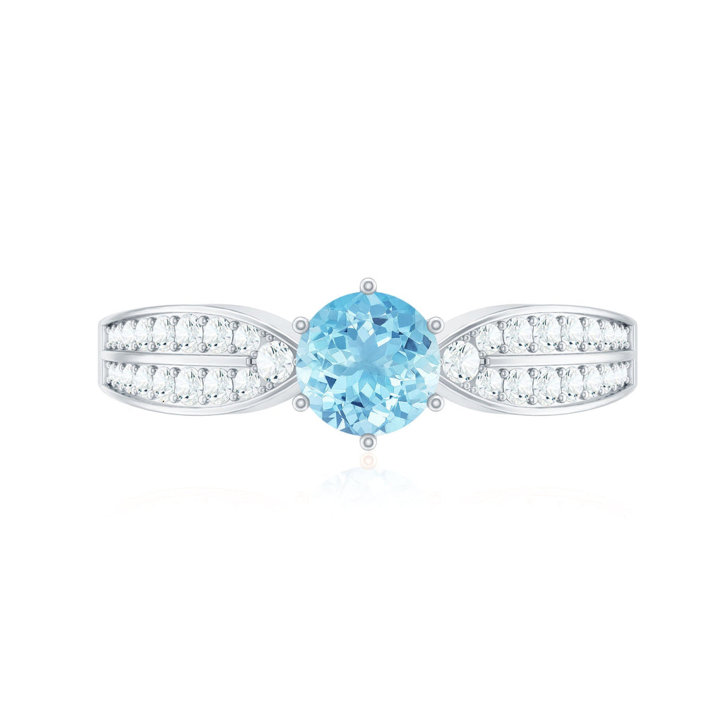 Aquamarine Engagement Ring – Round AAA Quality Blue Gemstone With Diamond Side Stones