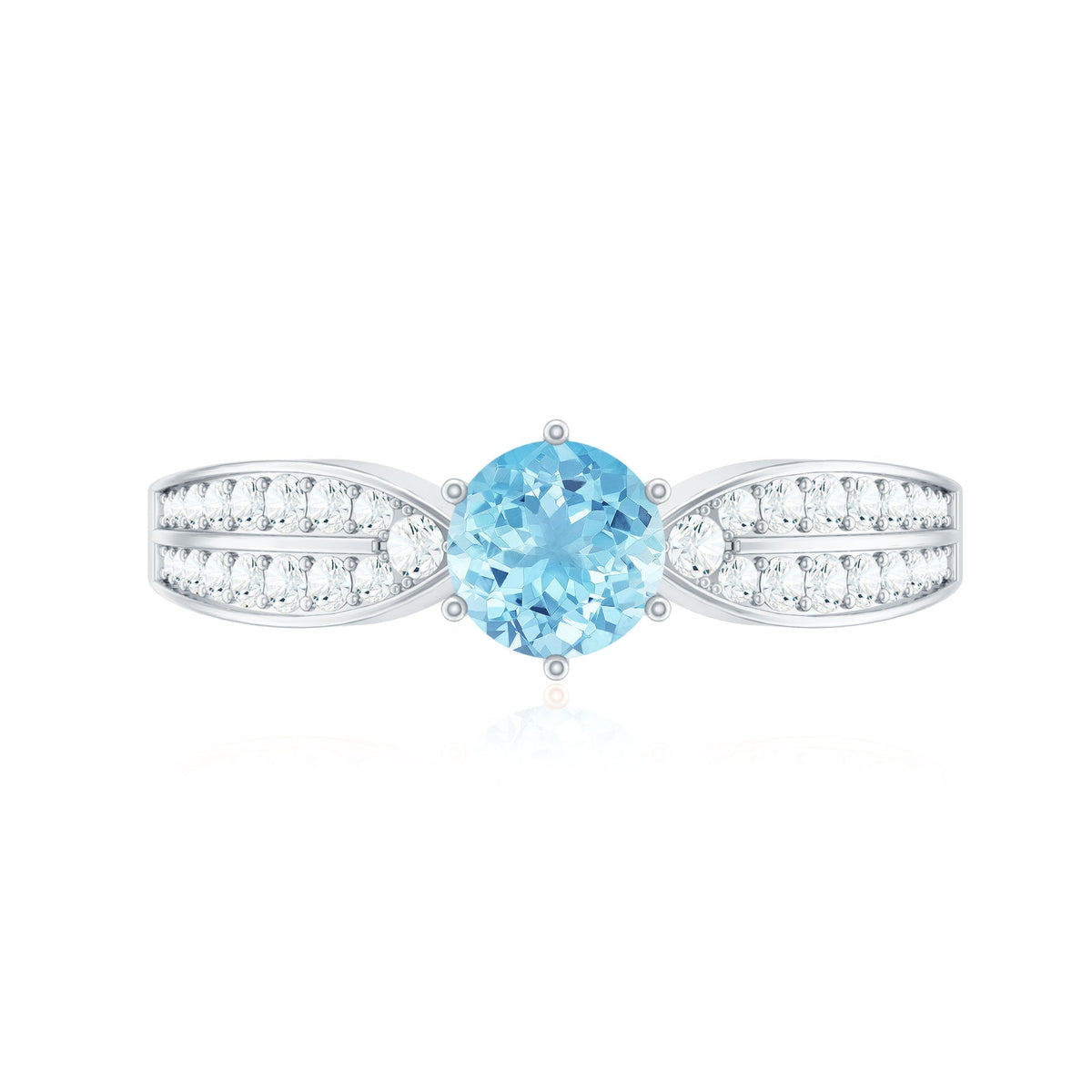 Aquamarine Engagement Ring – Round AAA Quality Blue Gemstone With Diamond Side Stones