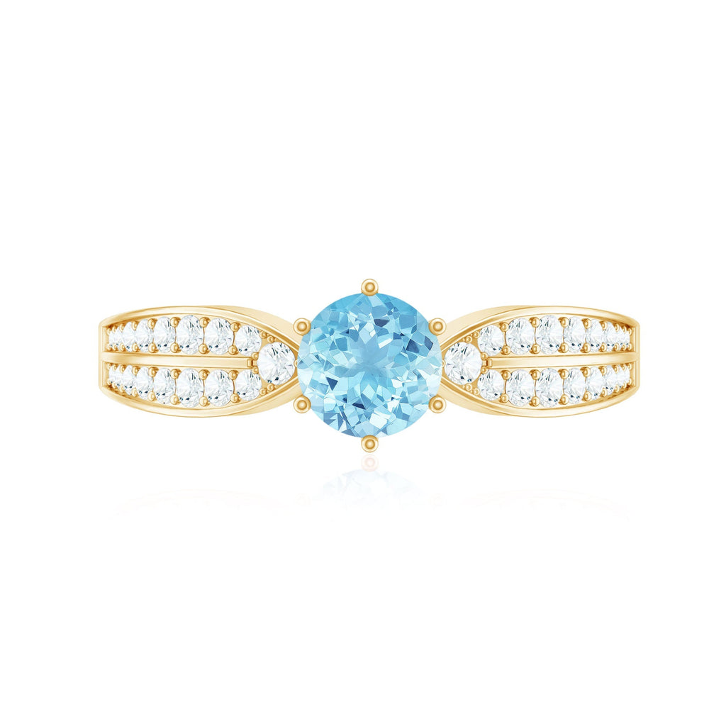 Aquamarine Engagement Ring – Round AAA Quality Blue Gemstone With Diamond Side Stones