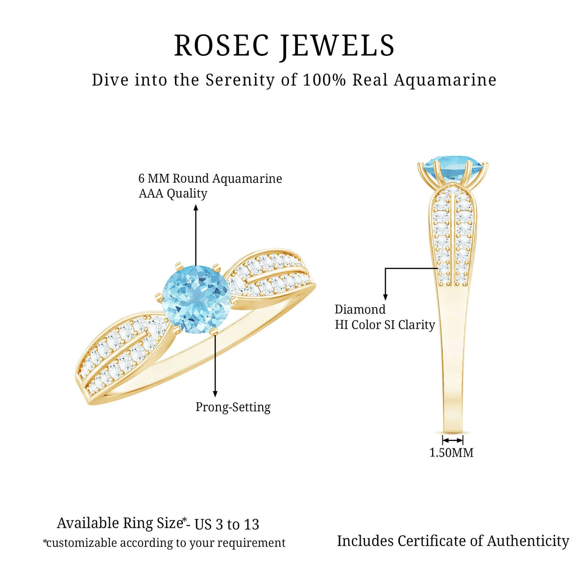 Aquamarine Engagement Ring – Round AAA Quality Blue Gemstone With Diamond Side Stones
