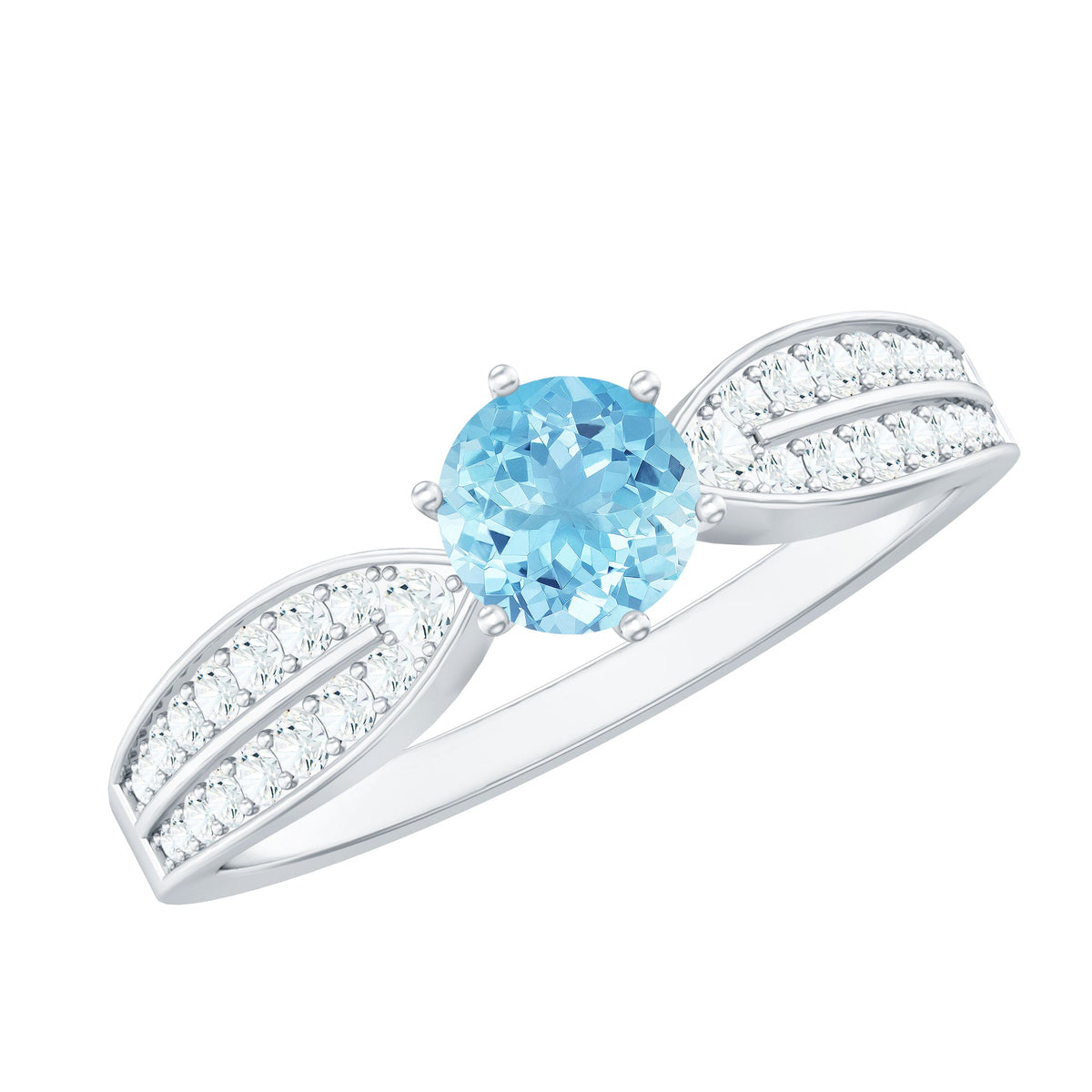 Aquamarine Engagement Ring – Round AAA Quality Blue Gemstone With Diamond Side Stones