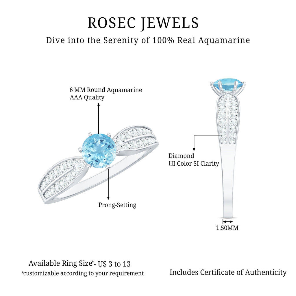 Aquamarine Engagement Ring – Round AAA Quality Blue Gemstone With Diamond Side Stones