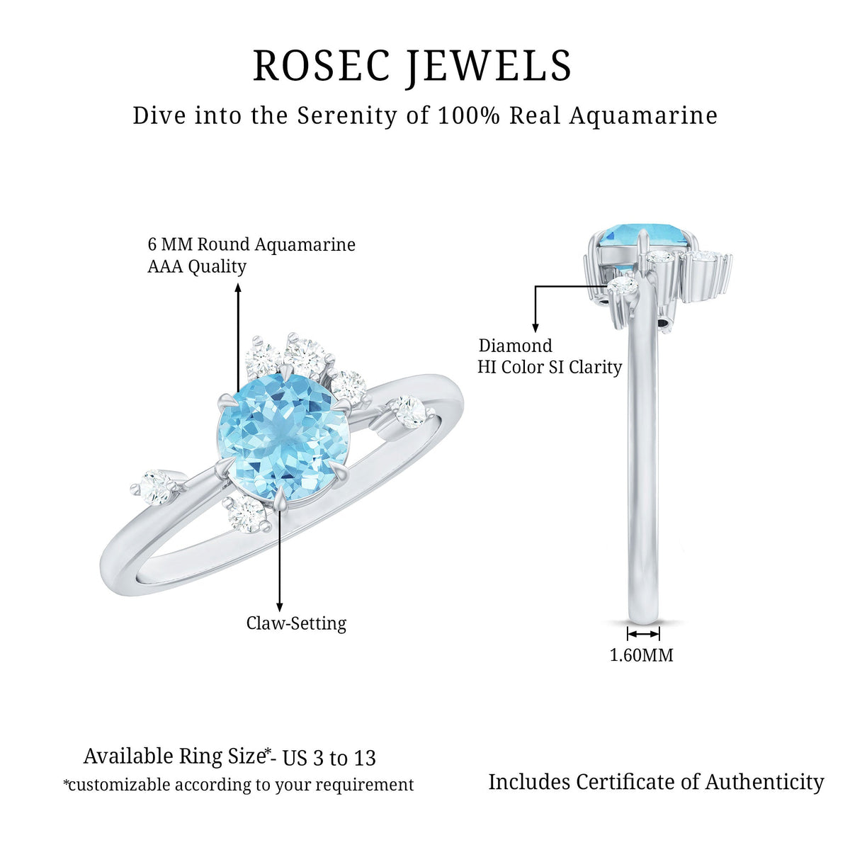 Aquamarine Engagement Ring – Round Aquamarine Promise Ring with Diamond Scatter Design