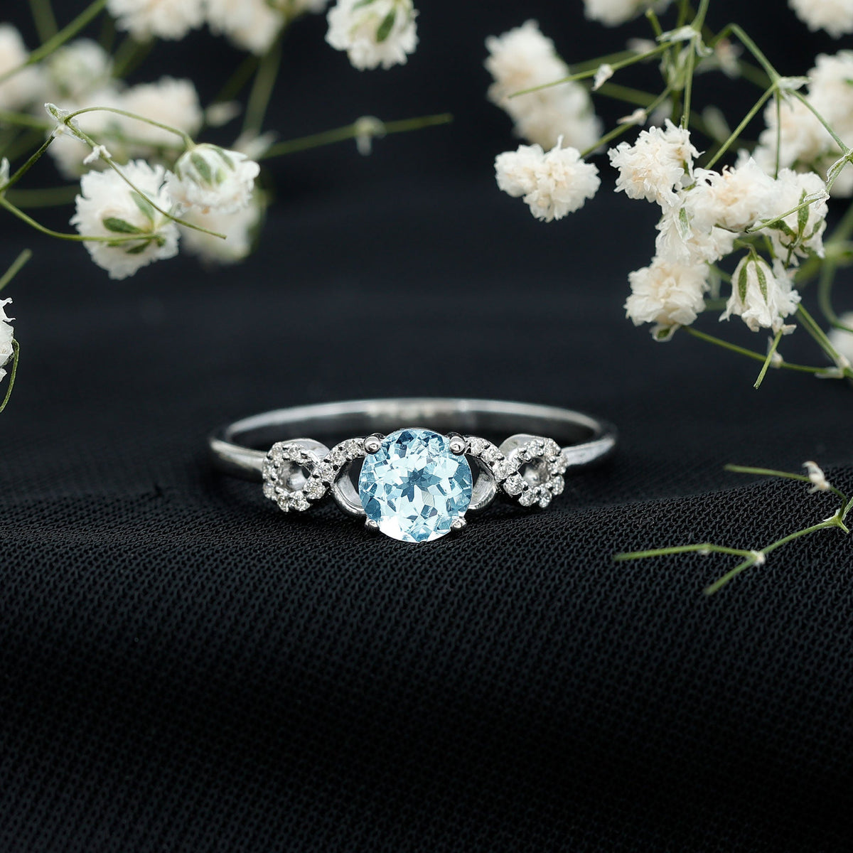 Aquamarine Engagement Ring – Round Cut Aquamarine Infinity Band With Diamonds