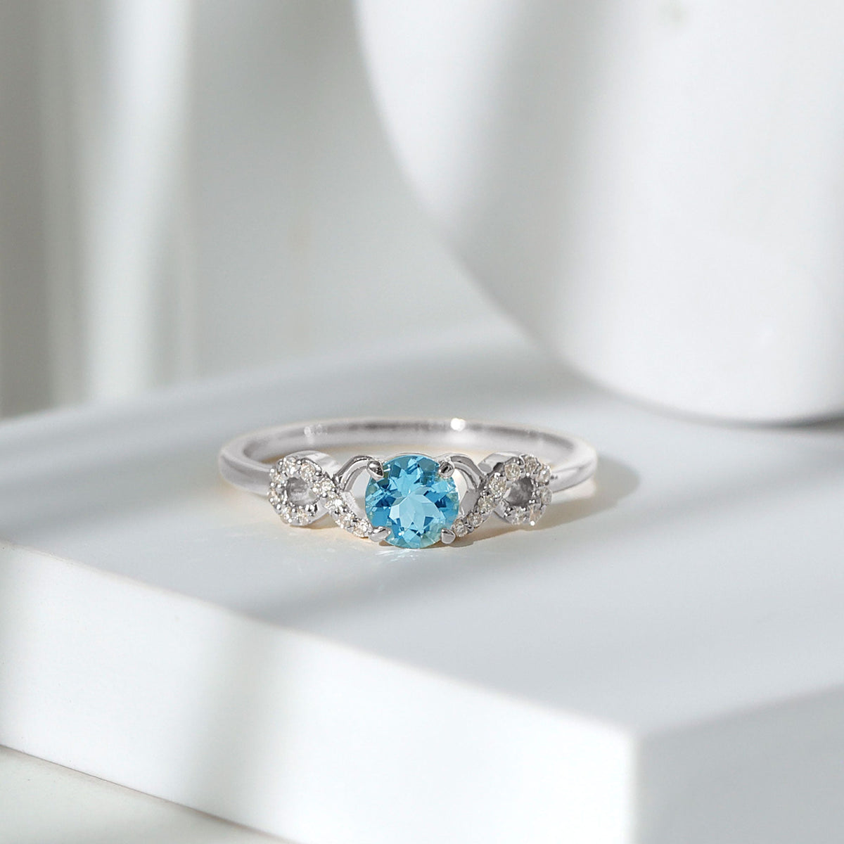 Aquamarine Engagement Ring – Round Cut Aquamarine Infinity Band With Diamonds