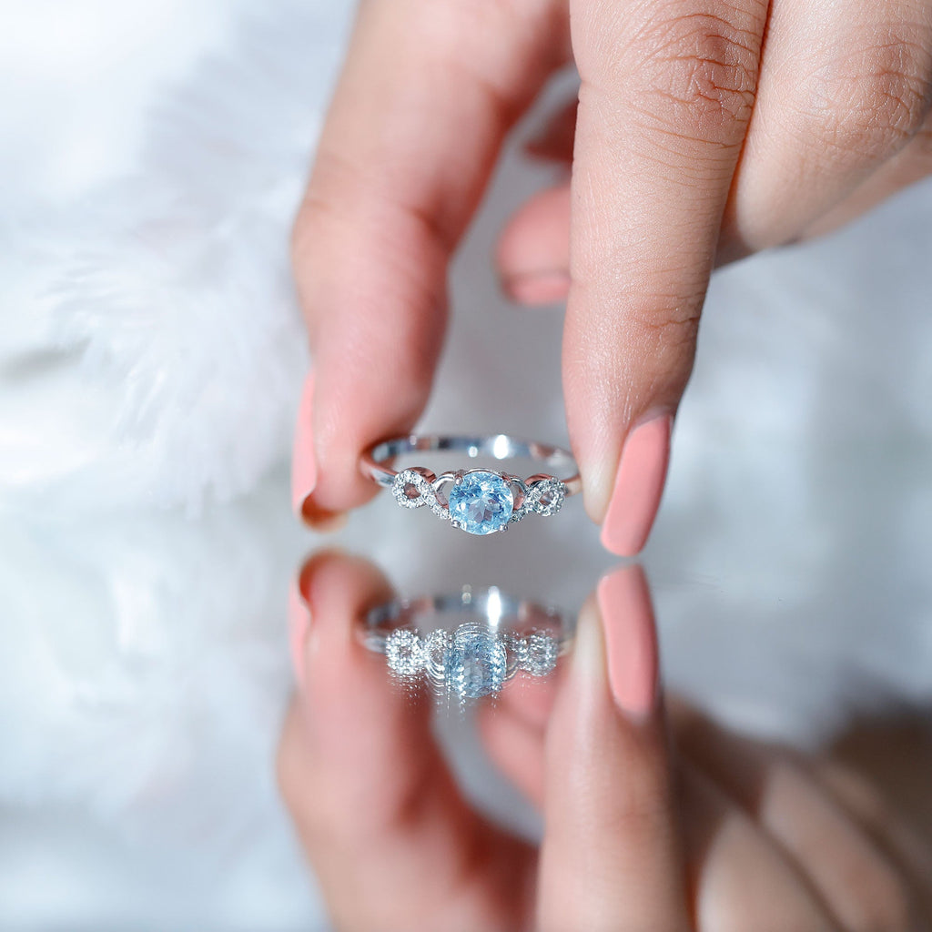 Aquamarine Engagement Ring – Round Cut Aquamarine Infinity Band With Diamonds