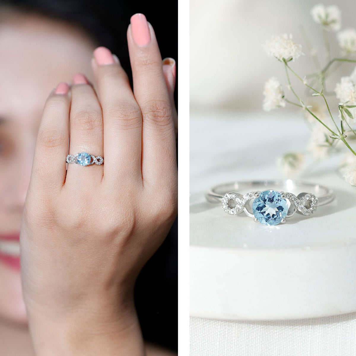 Aquamarine Engagement Ring – Round Cut Aquamarine Infinity Band With Diamonds