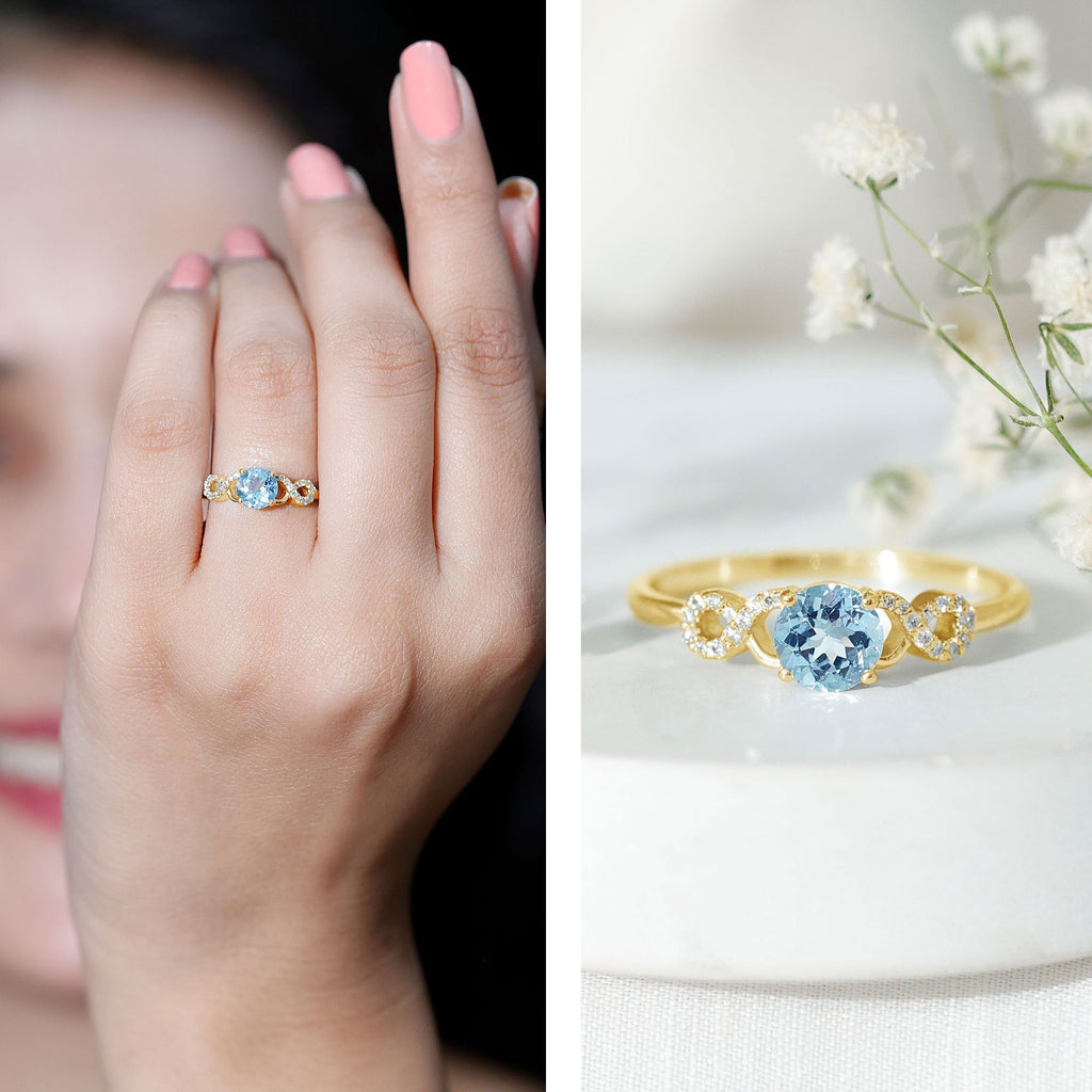 Aquamarine Engagement Ring – Round Cut Aquamarine Infinity Band With Diamonds