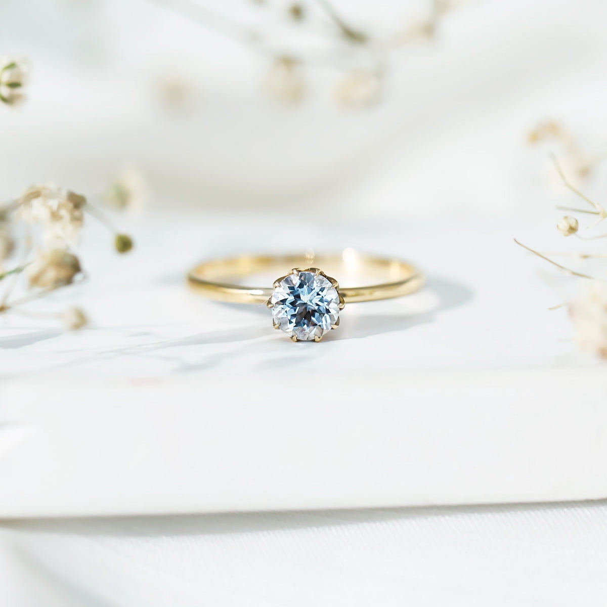 Aquamarine Engagement Ring – Solitaire Round Cut Blue Gemstone in Lotus Basket Setting