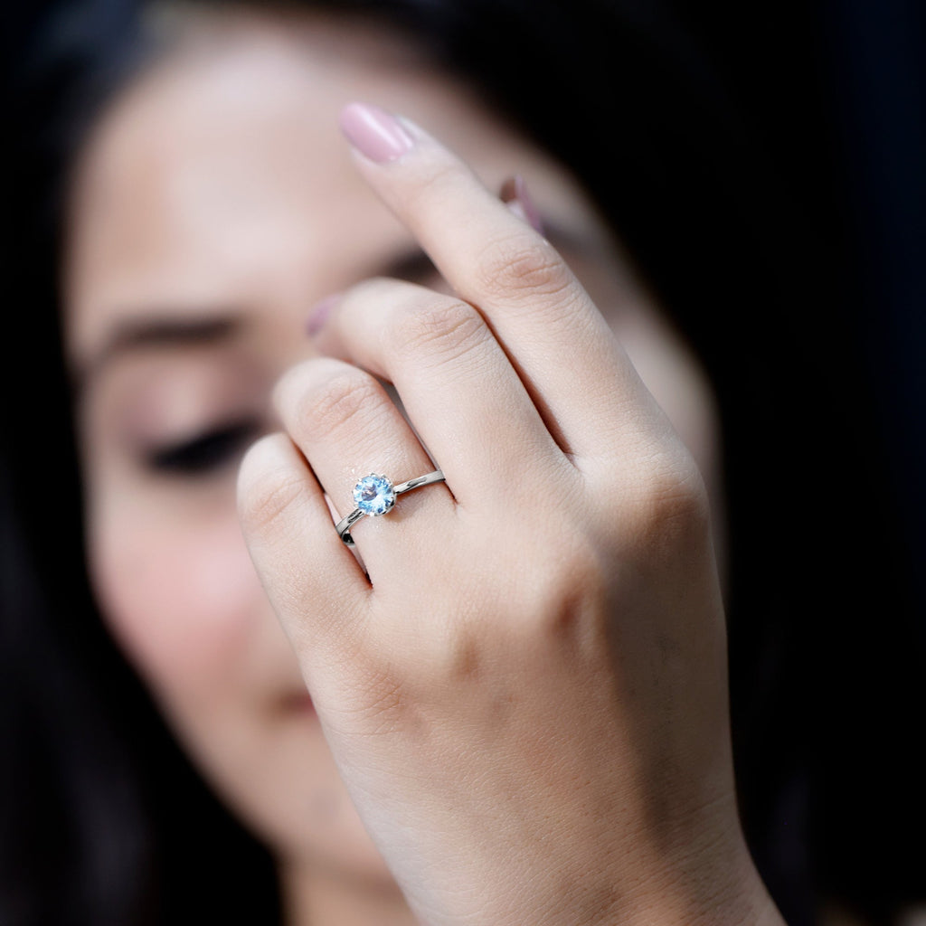Aquamarine Engagement Ring – Solitaire Round Cut Blue Gemstone in Lotus Basket Setting