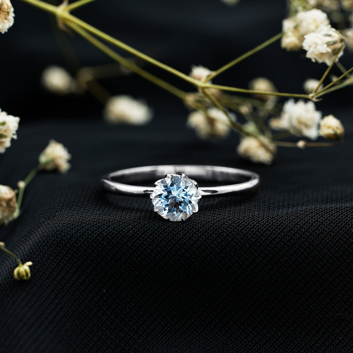Aquamarine Engagement Ring – Solitaire Round Cut Blue Gemstone in Lotus Basket Setting