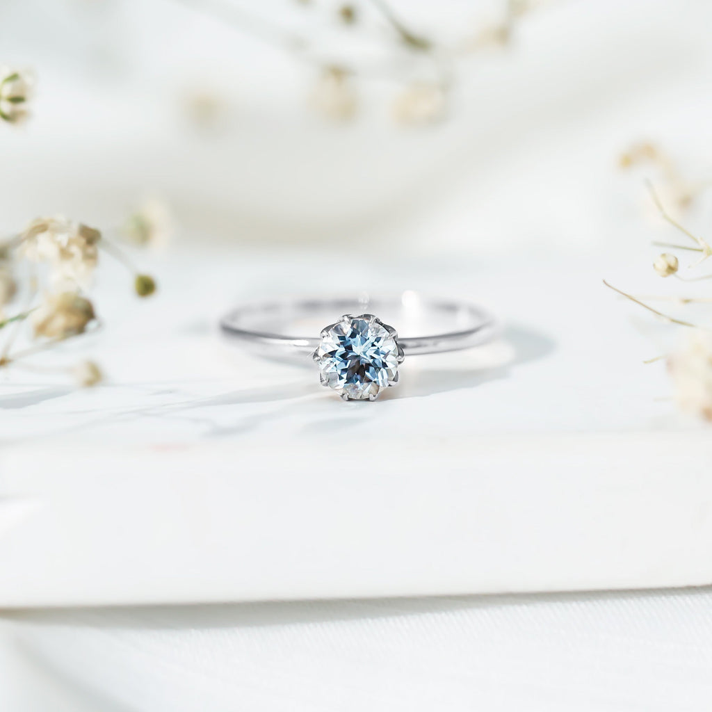 Aquamarine Engagement Ring – Solitaire Round Cut Blue Gemstone in Lotus Basket Setting