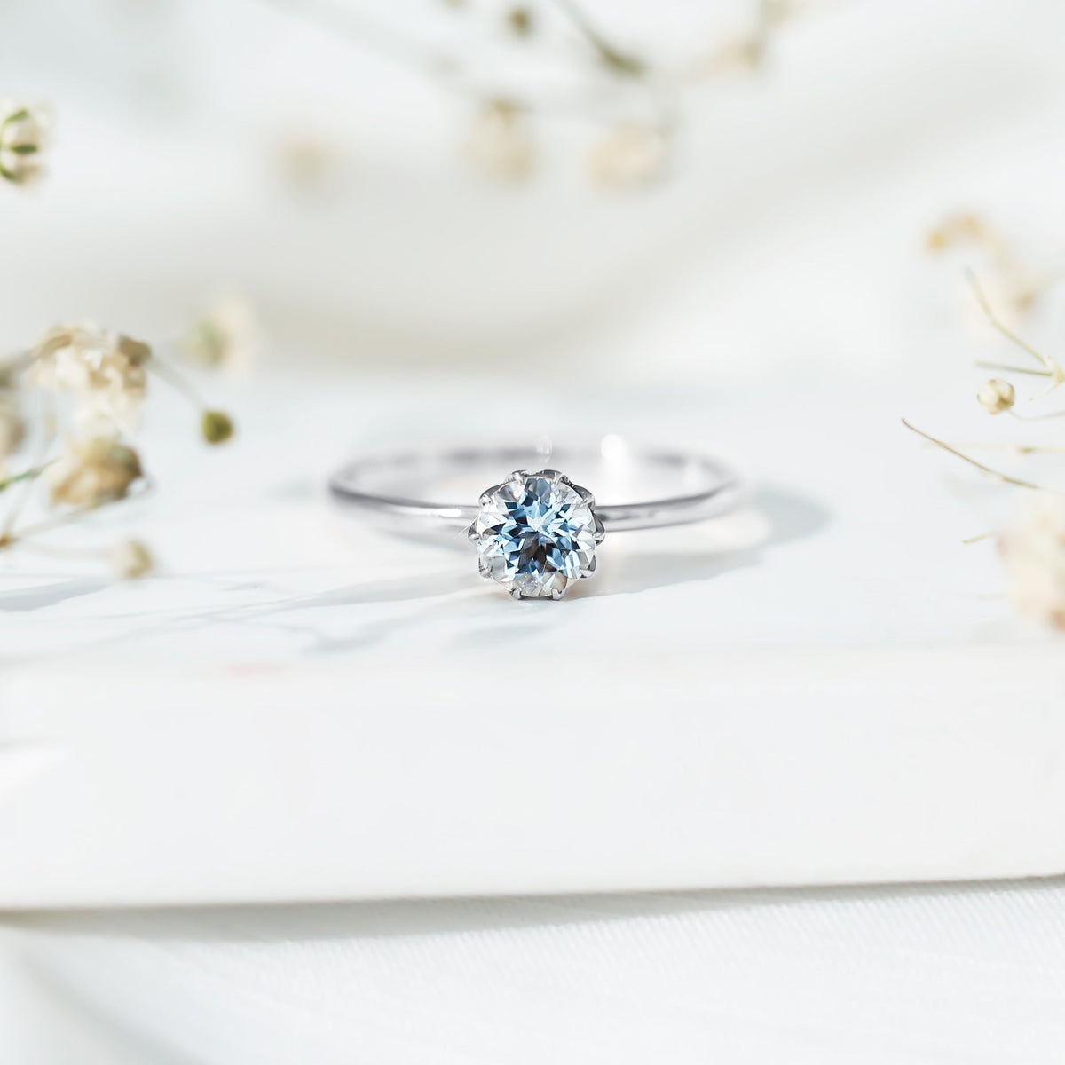 Aquamarine Engagement Ring – Solitaire Round Cut Blue Gemstone in Lotus Basket Setting
