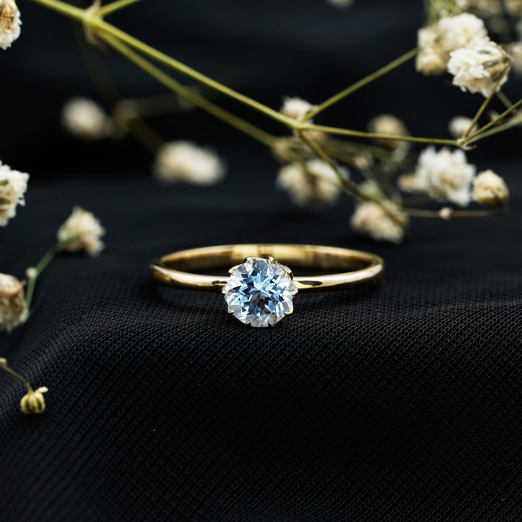 Aquamarine Engagement Ring – Solitaire Round Cut Blue Gemstone in Lotus Basket Setting