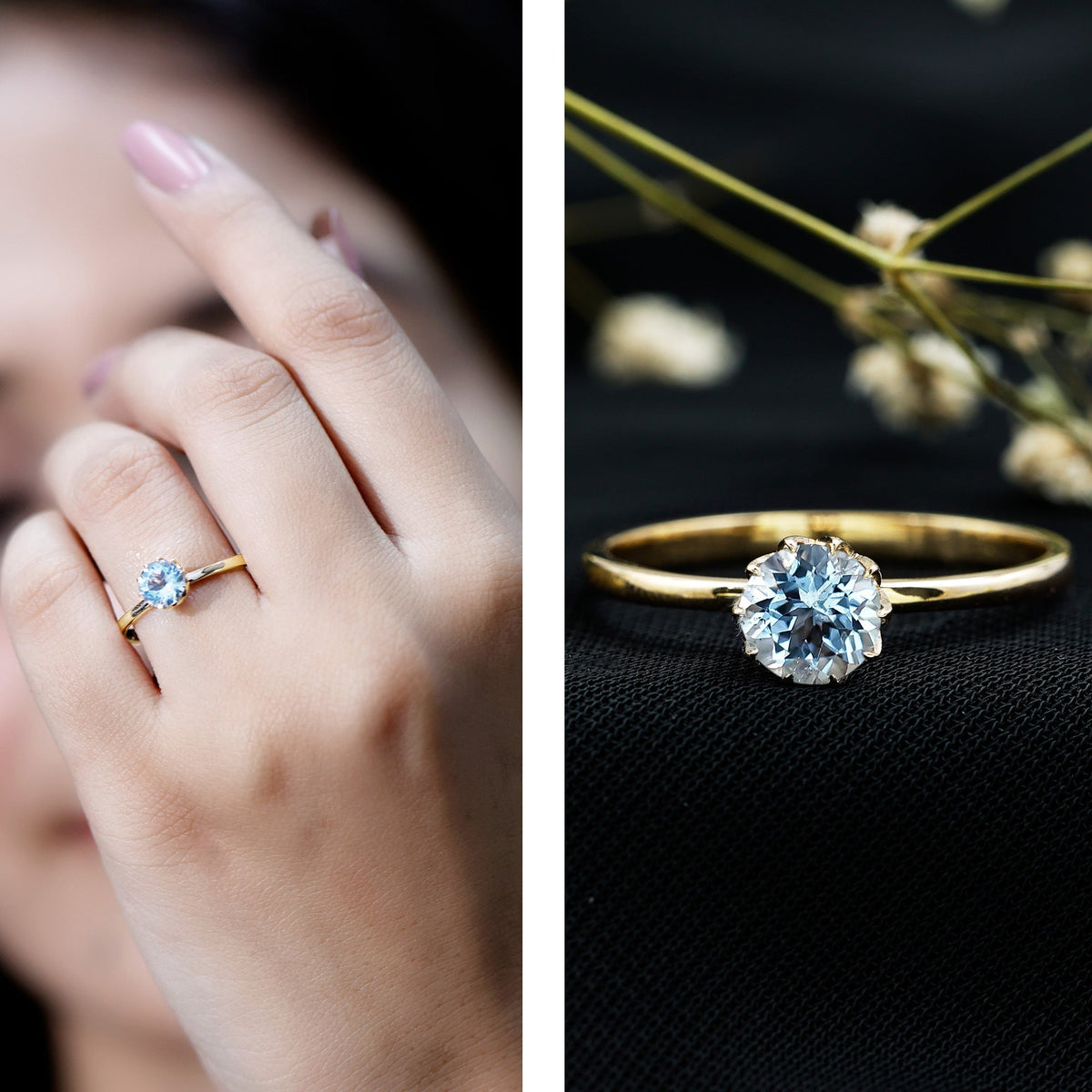 Aquamarine Engagement Ring – Solitaire Round Cut Blue Gemstone in Lotus Basket Setting