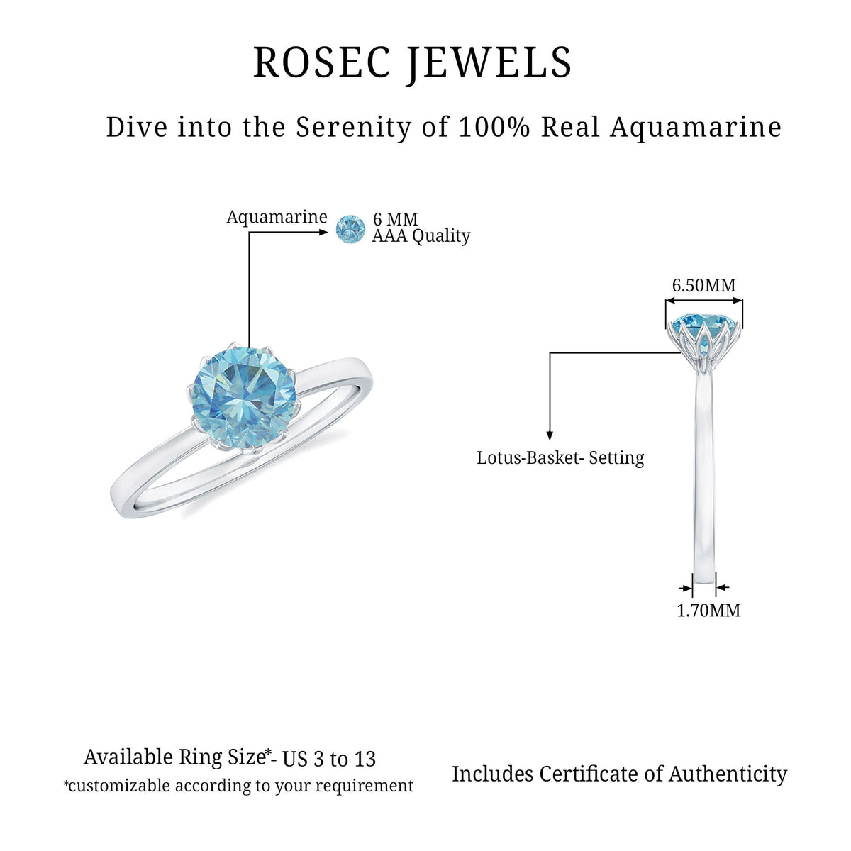 Aquamarine Engagement Ring – Solitaire Round Cut Blue Gemstone in Lotus Basket Setting