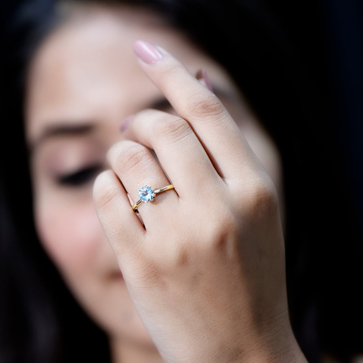 Aquamarine Engagement Ring – Solitaire Round Cut Blue Gemstone in Lotus Basket Setting