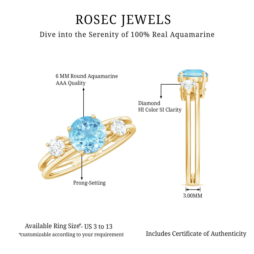 Aquamarine Engagement Ring – Three Stone Ring with Double Band Shank Design