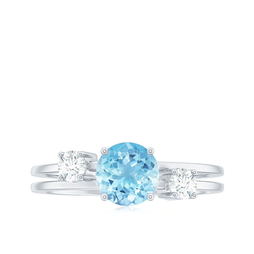 Aquamarine Engagement Ring – Three Stone Ring with Double Band Shank Design