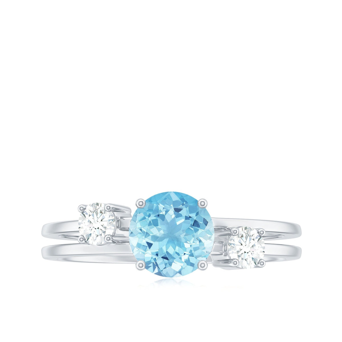 Aquamarine Engagement Ring – Three Stone Ring with Double Band Shank Design