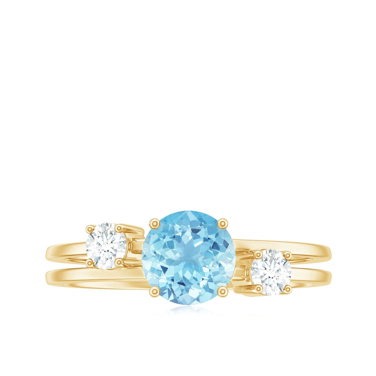 Aquamarine Engagement Ring – Three Stone Ring with Double Band Shank Design