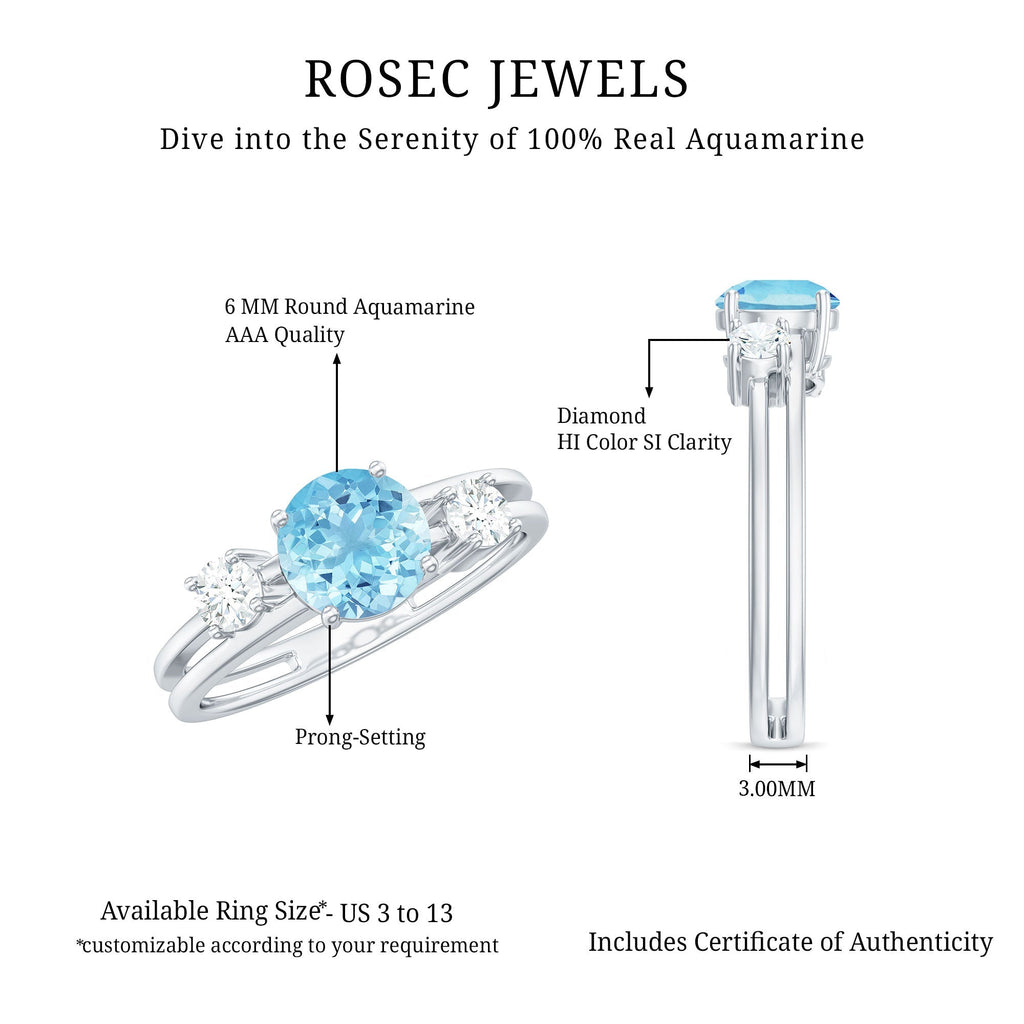 Aquamarine Engagement Ring – Three Stone Ring with Double Band Shank Design