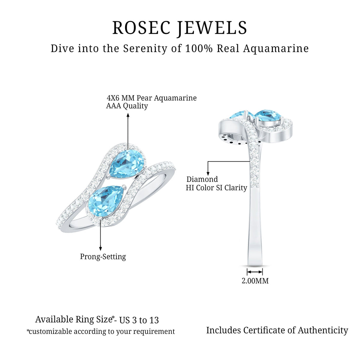 Aquamarine Engagement Ring – Two Stone Pear Shaped Bypass Shank With Diamonds