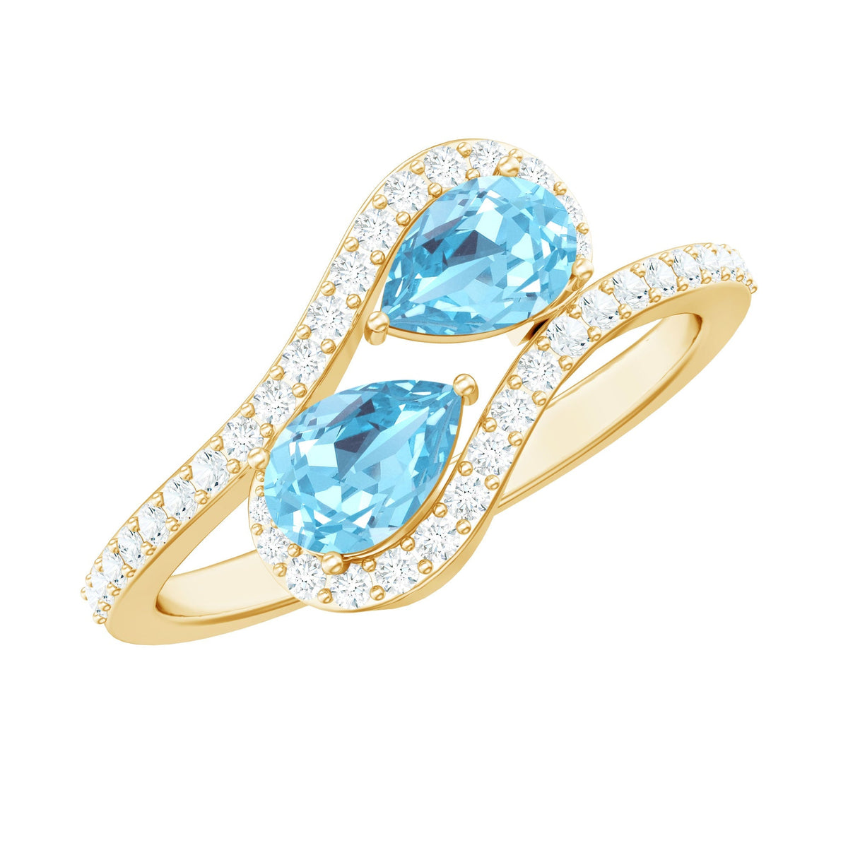 Aquamarine Engagement Ring – Two Stone Pear Shaped Bypass Shank With Diamonds