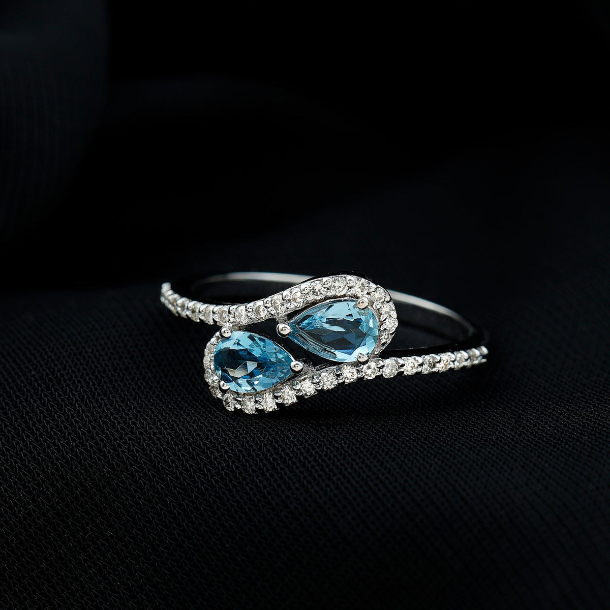 Aquamarine Engagement Ring – Two Stone Pear Shaped Bypass Shank With Diamonds