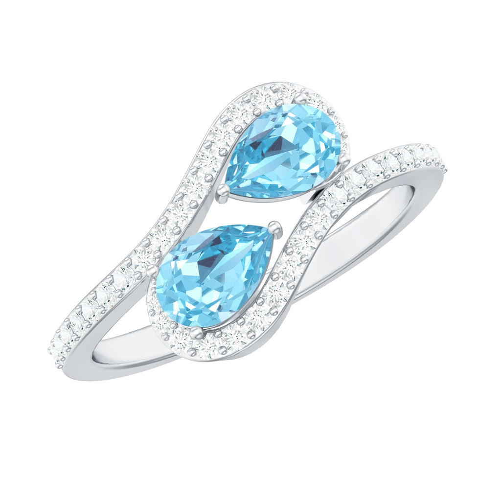 Aquamarine Engagement Ring – Two Stone Pear Shaped Bypass Shank With Diamonds
