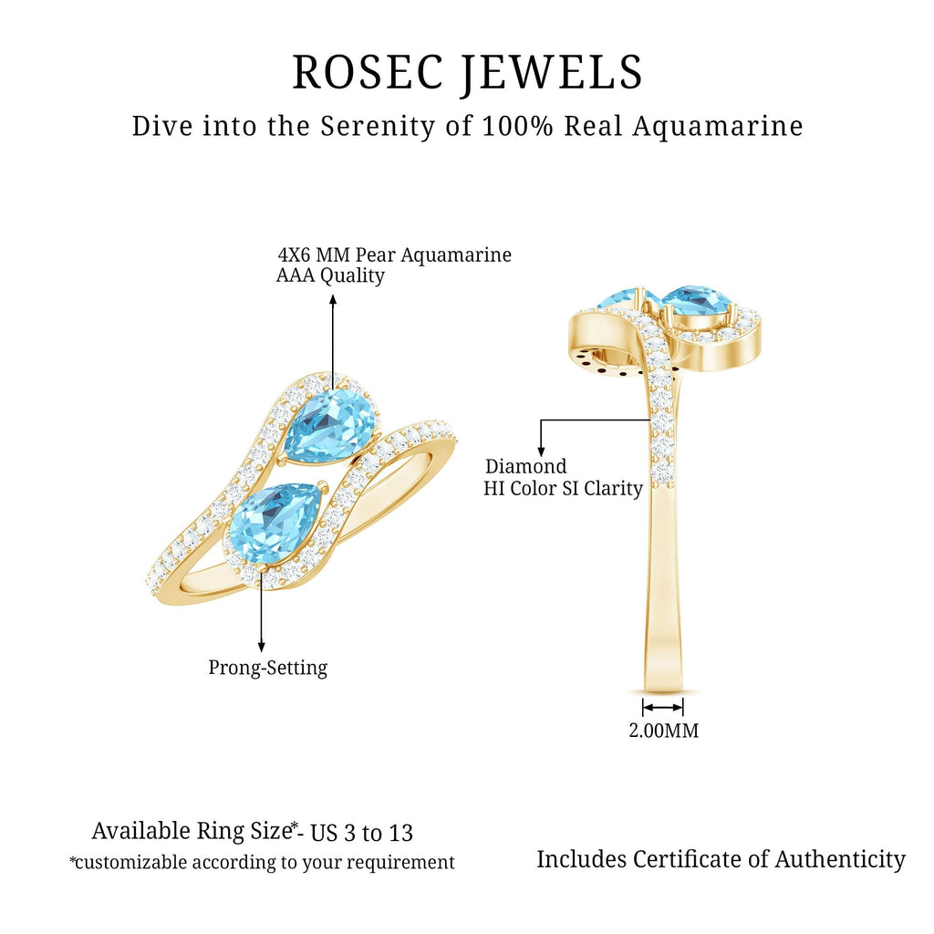 Aquamarine Engagement Ring – Two Stone Pear Shaped Bypass Shank With Diamonds
