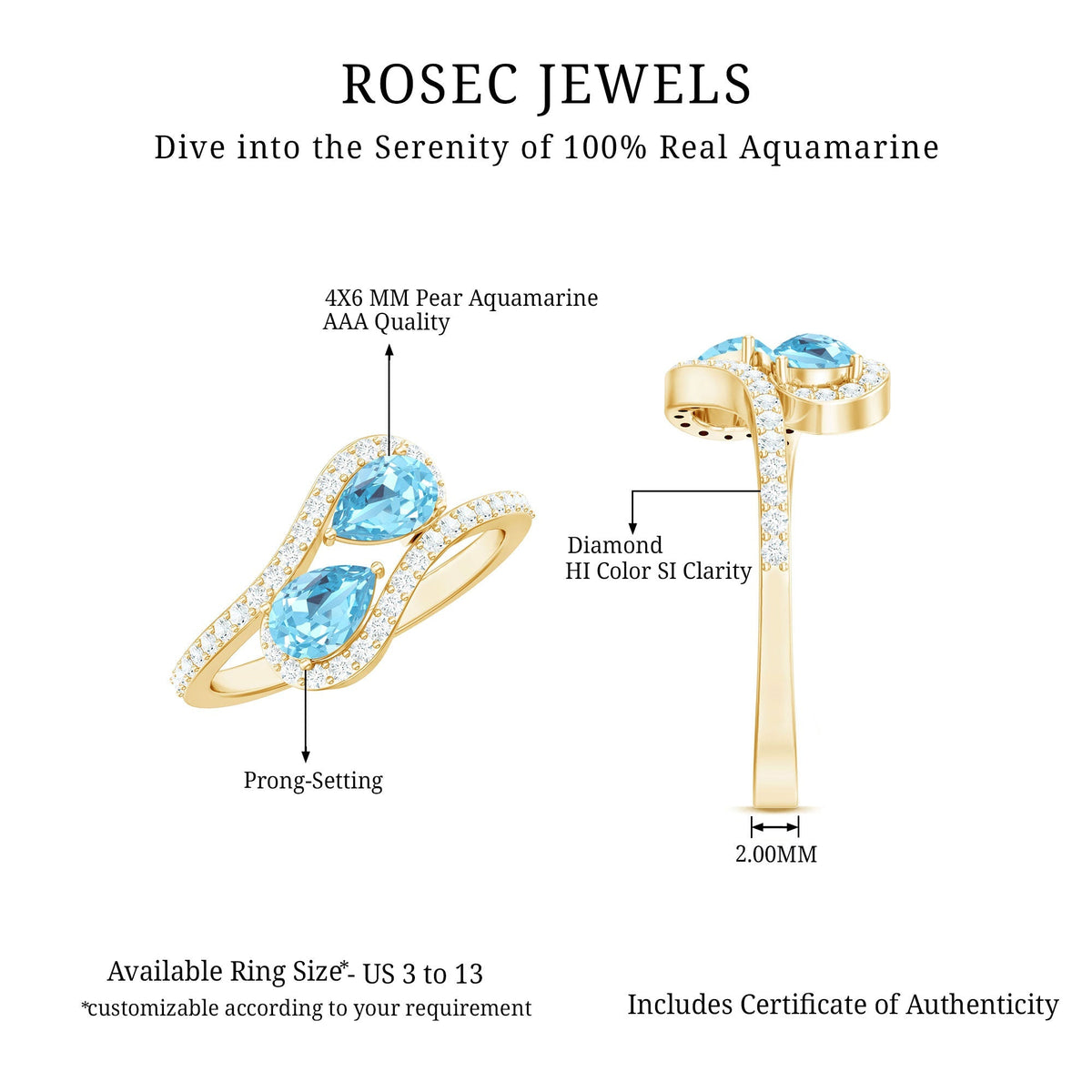 Aquamarine Engagement Ring – Two Stone Pear Shaped Bypass Shank With Diamonds