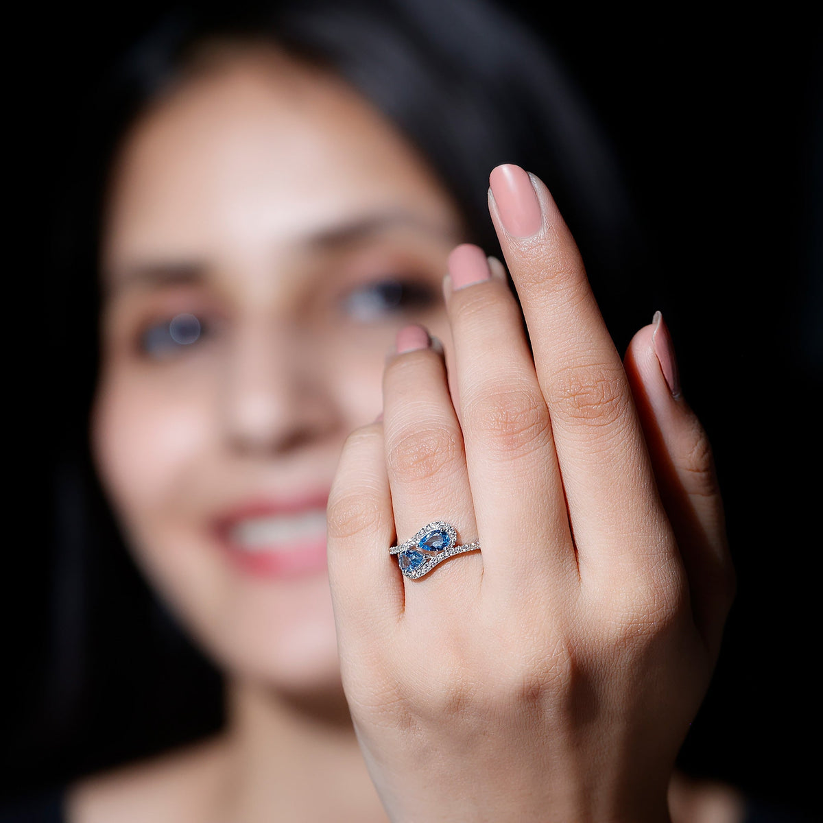 Aquamarine Engagement Ring – Two Stone Pear Shaped Bypass Shank With Diamonds