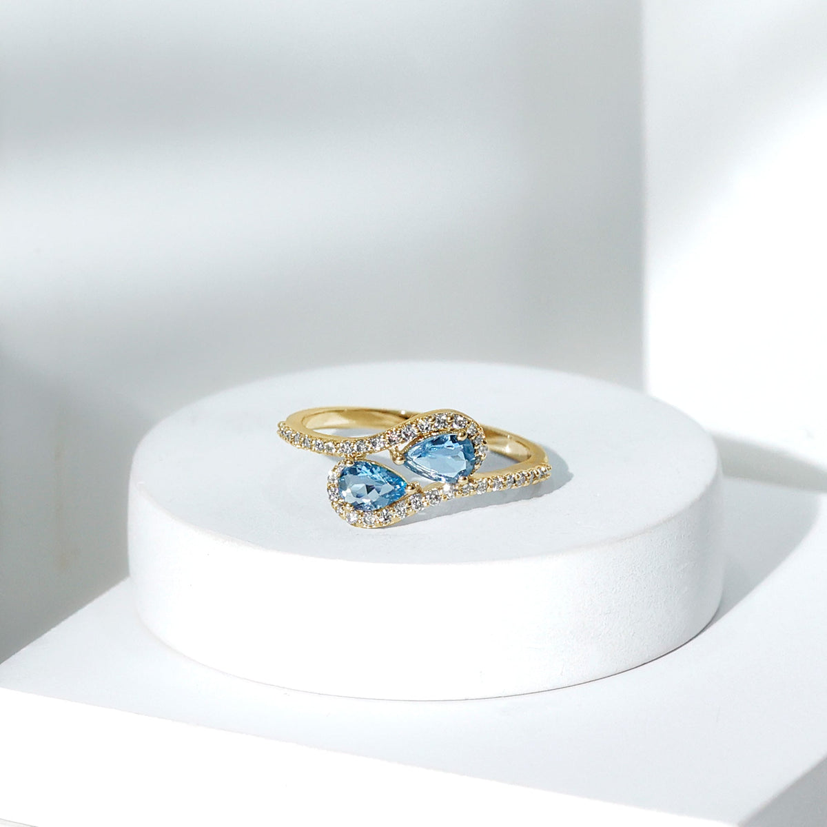 Aquamarine Engagement Ring – Two Stone Pear Shaped Bypass Shank With Diamonds