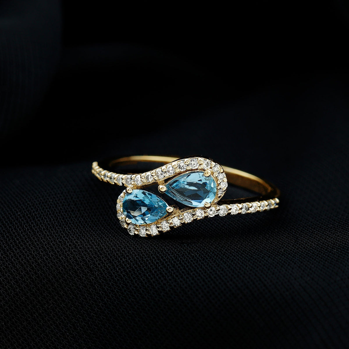 Aquamarine Engagement Ring – Two Stone Pear Shaped Bypass Shank With Diamonds