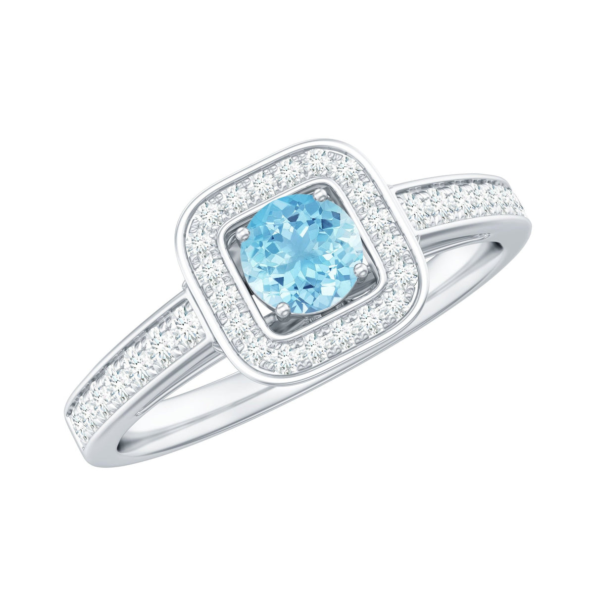 Aquamarine Engagement Ring – Vintage Blue Cushion Halo Setting With Diamonds