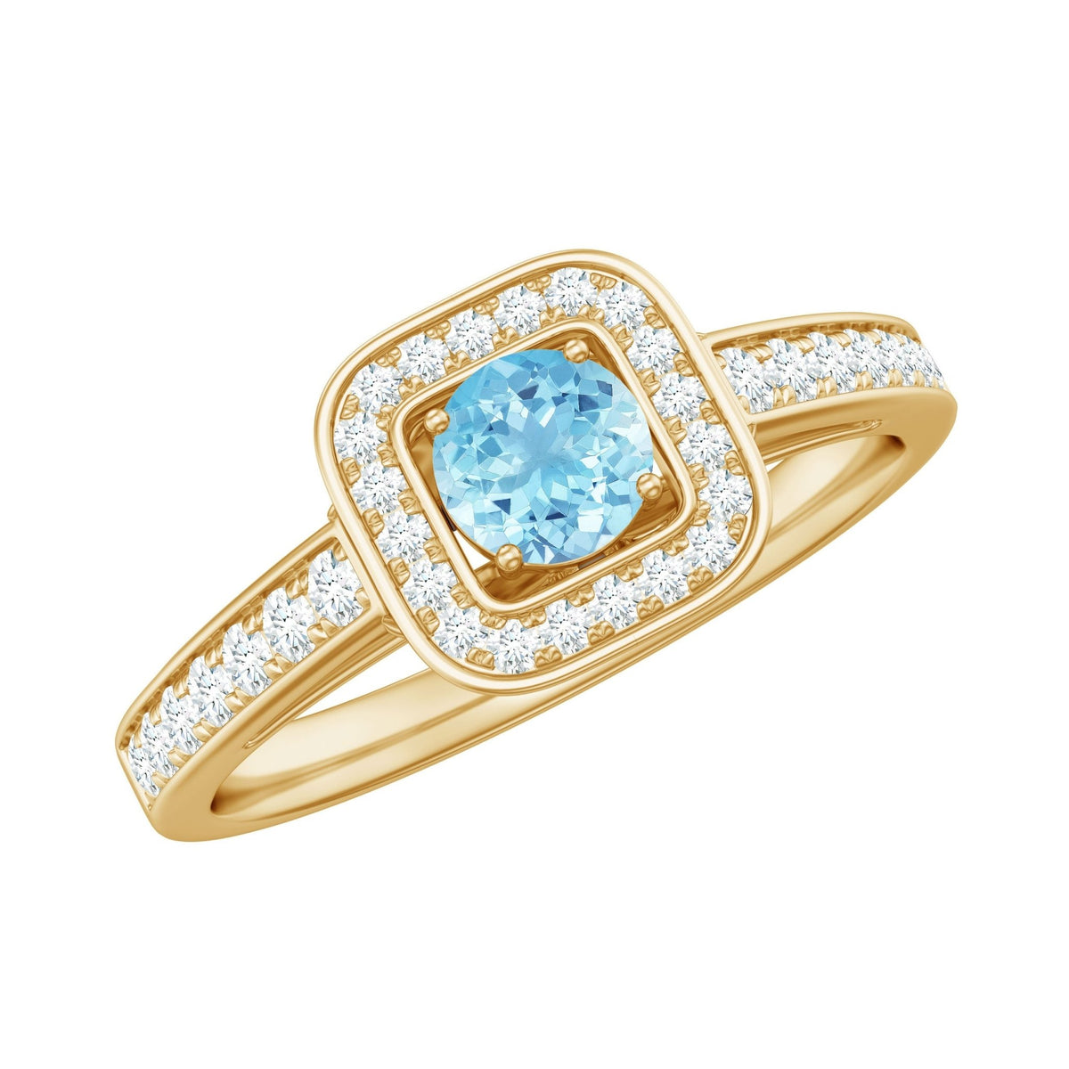 Aquamarine Engagement Ring – Vintage Blue Cushion Halo Setting With Diamonds