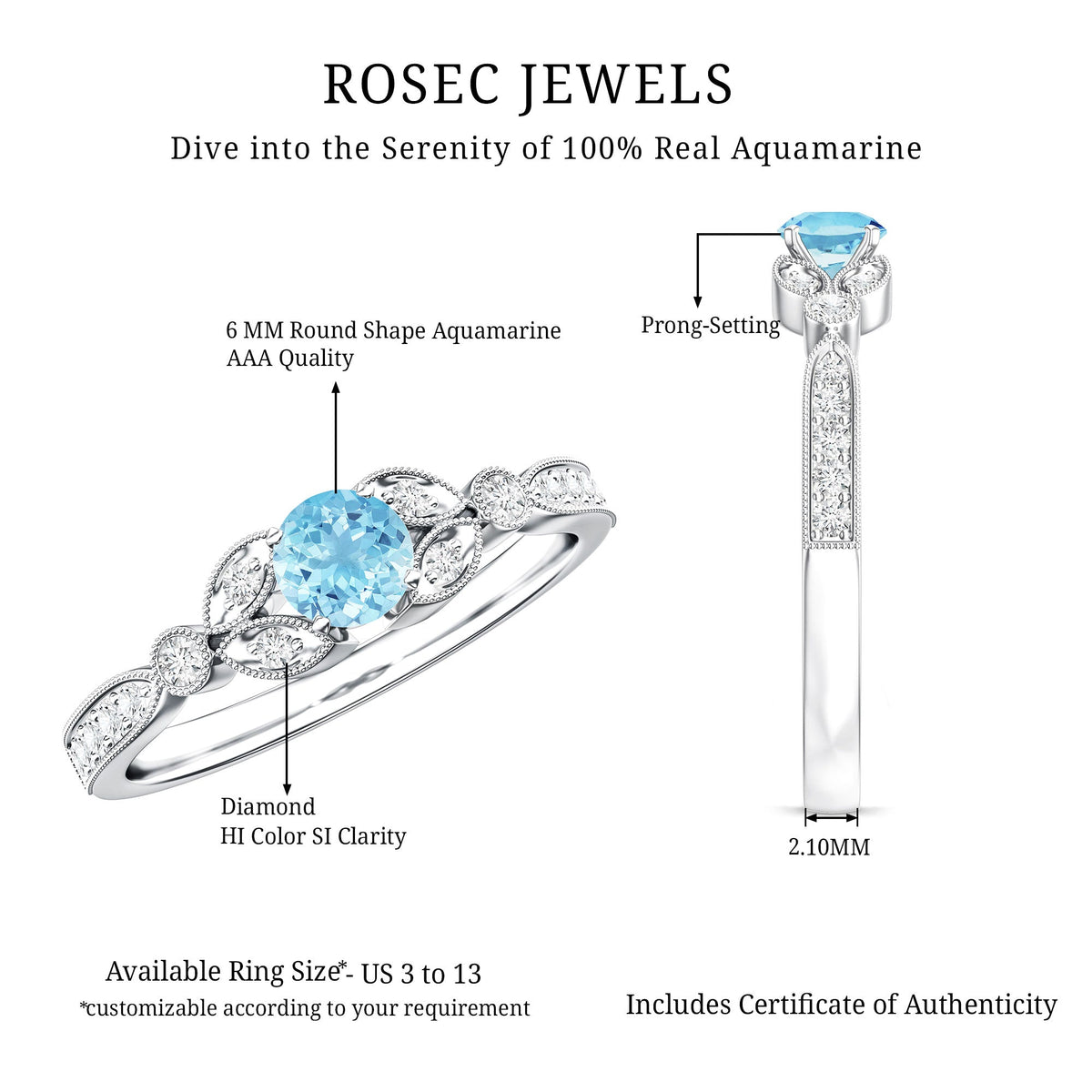 Aquamarine Engagement Ring – Vintage Blue Gemstone With Diamond & Certificate