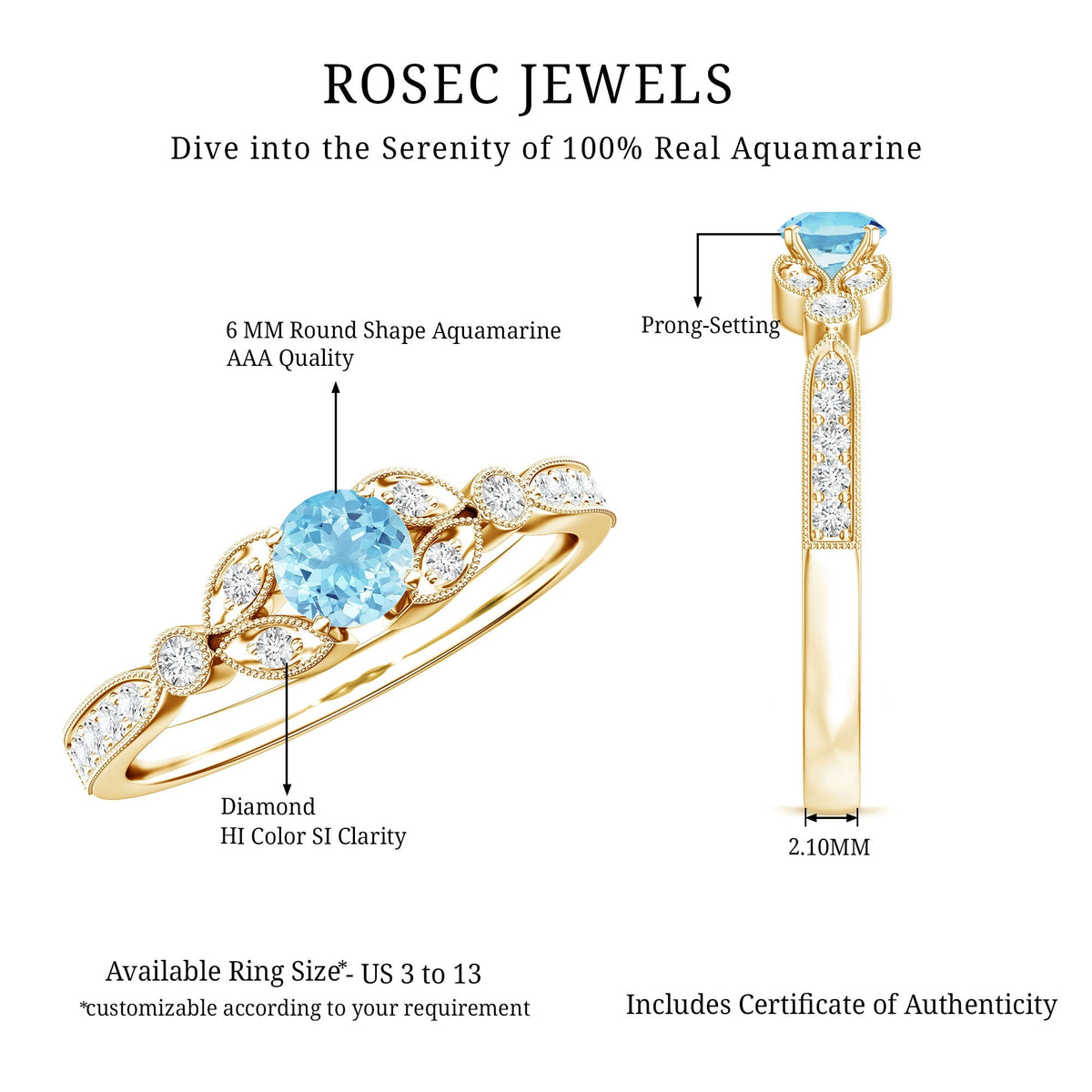 Aquamarine Engagement Ring – Vintage Blue Gemstone With Diamond & Certificate