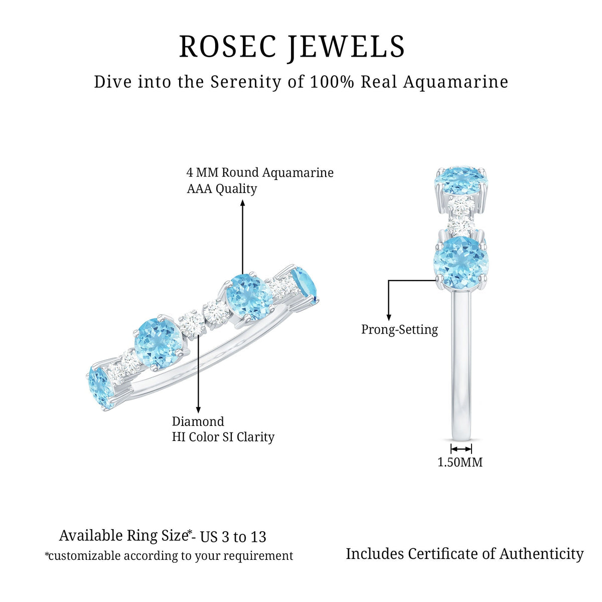 Aquamarine Eternity Ring – Diamond Half Eternity Band With Prong Setting