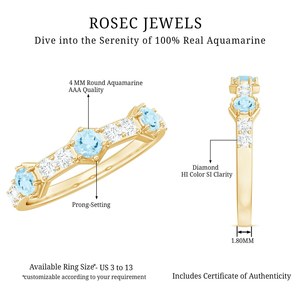Aquamarine Eternity Ring – Diamond Half Eternity Wedding Band in Prong Setting