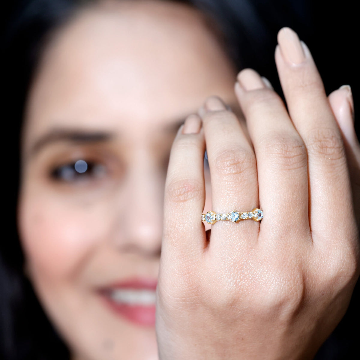 Aquamarine Eternity Ring – Diamond Half Eternity Wedding Band in Prong Setting