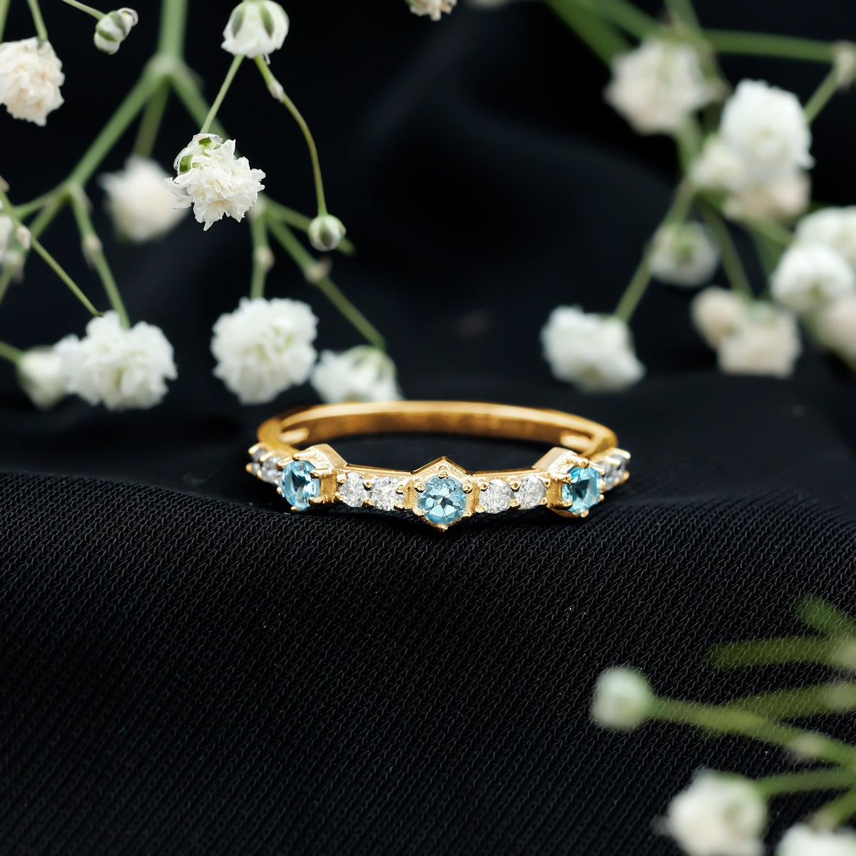 Aquamarine Eternity Ring – Diamond Half Eternity Wedding Band in Prong Setting