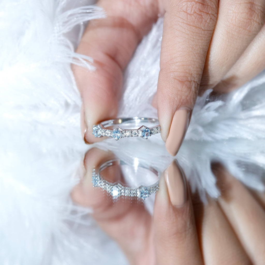 Aquamarine Eternity Ring – Diamond Half Eternity Wedding Band in Prong Setting