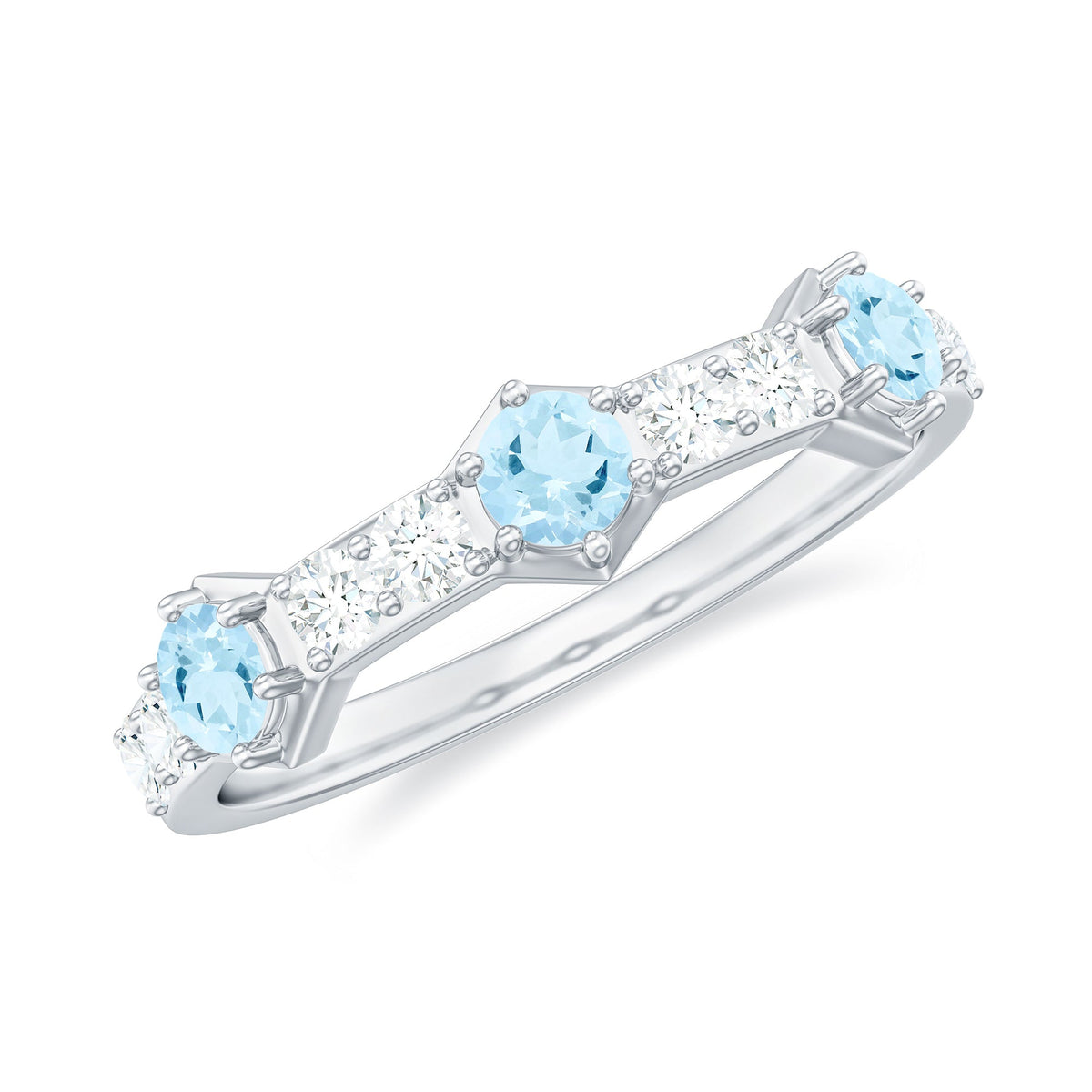 Aquamarine Eternity Ring – Diamond Half Eternity Wedding Band in Prong Setting