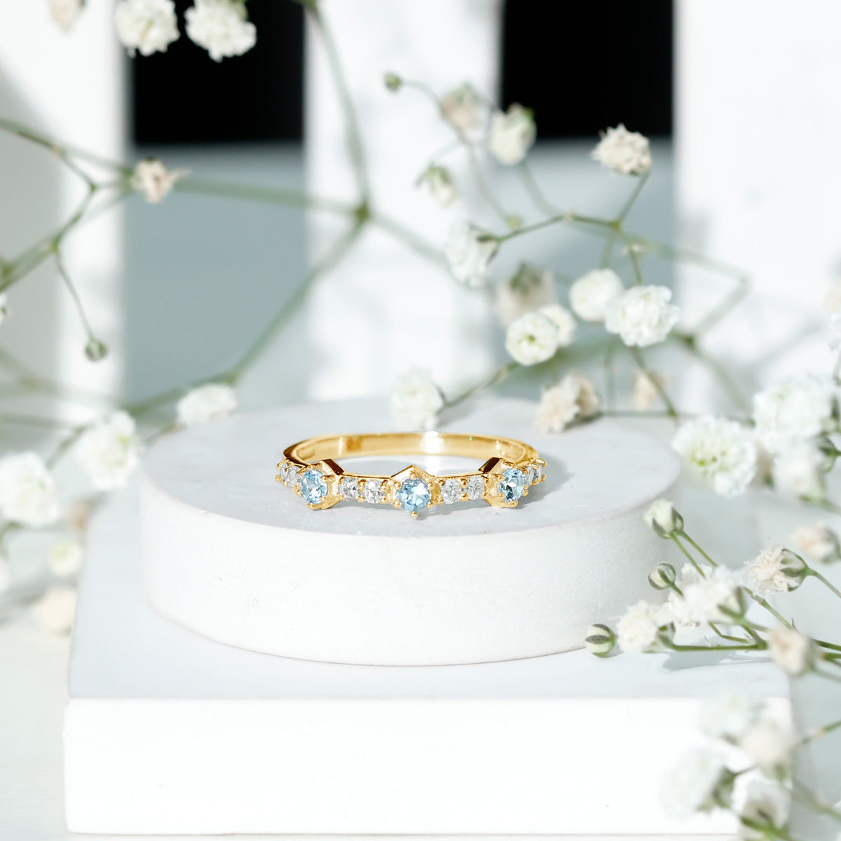 Aquamarine Eternity Ring – Diamond Half Eternity Wedding Band in Prong Setting